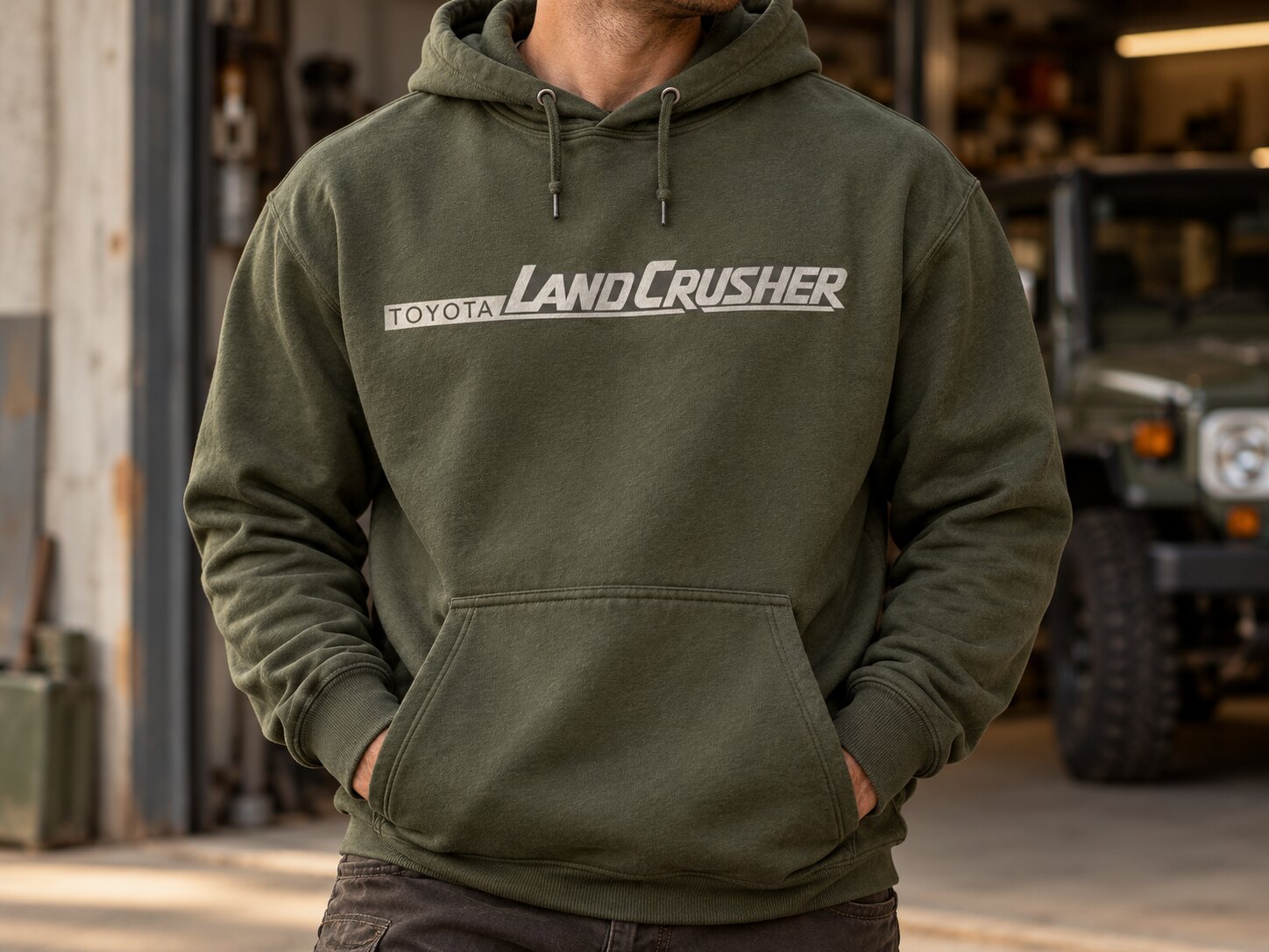 Photorealistic olive Land Crusher hoodie worn in a workshop