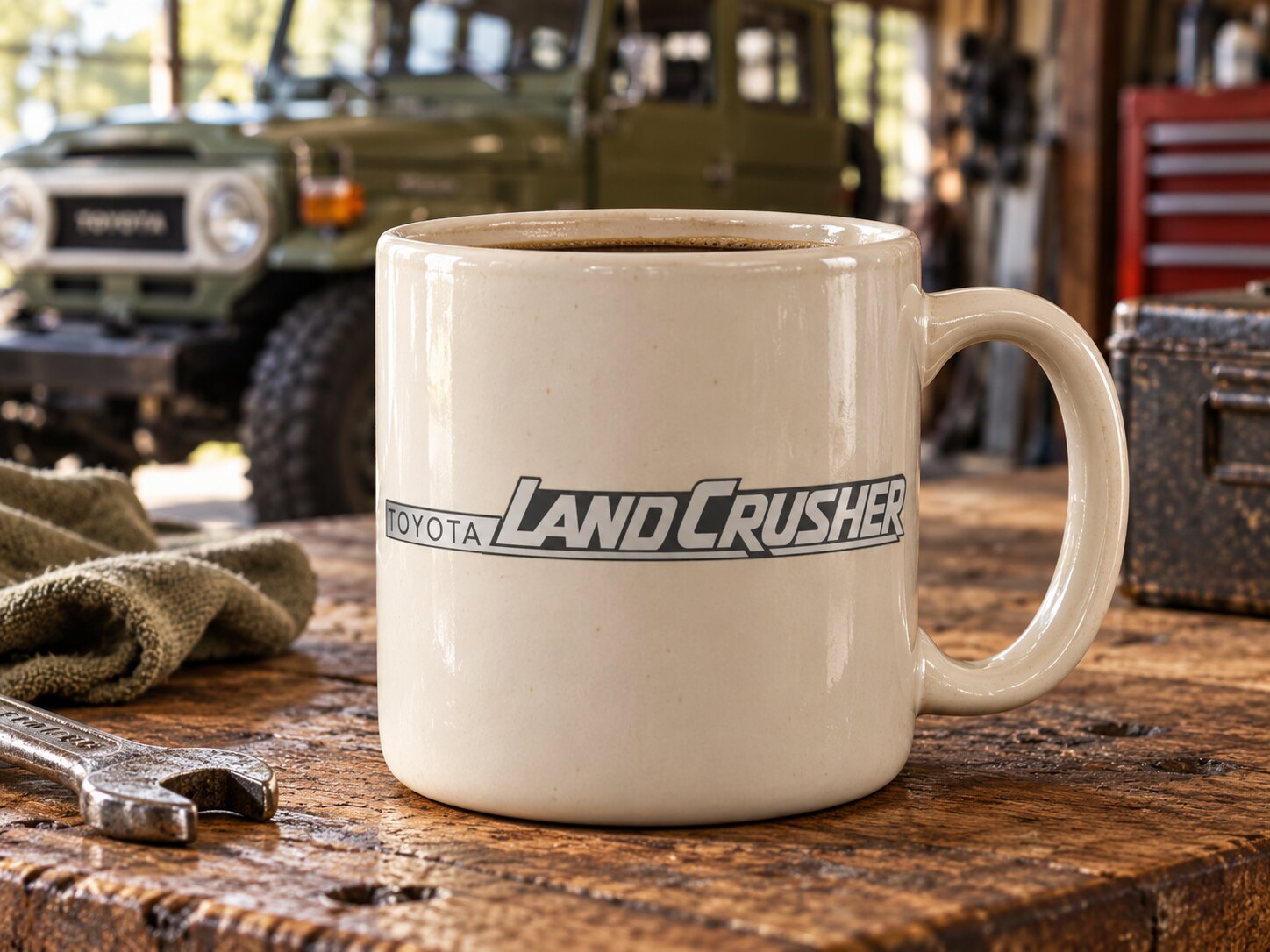 Photorealistic cream Land Crusher mug on a garage workbench