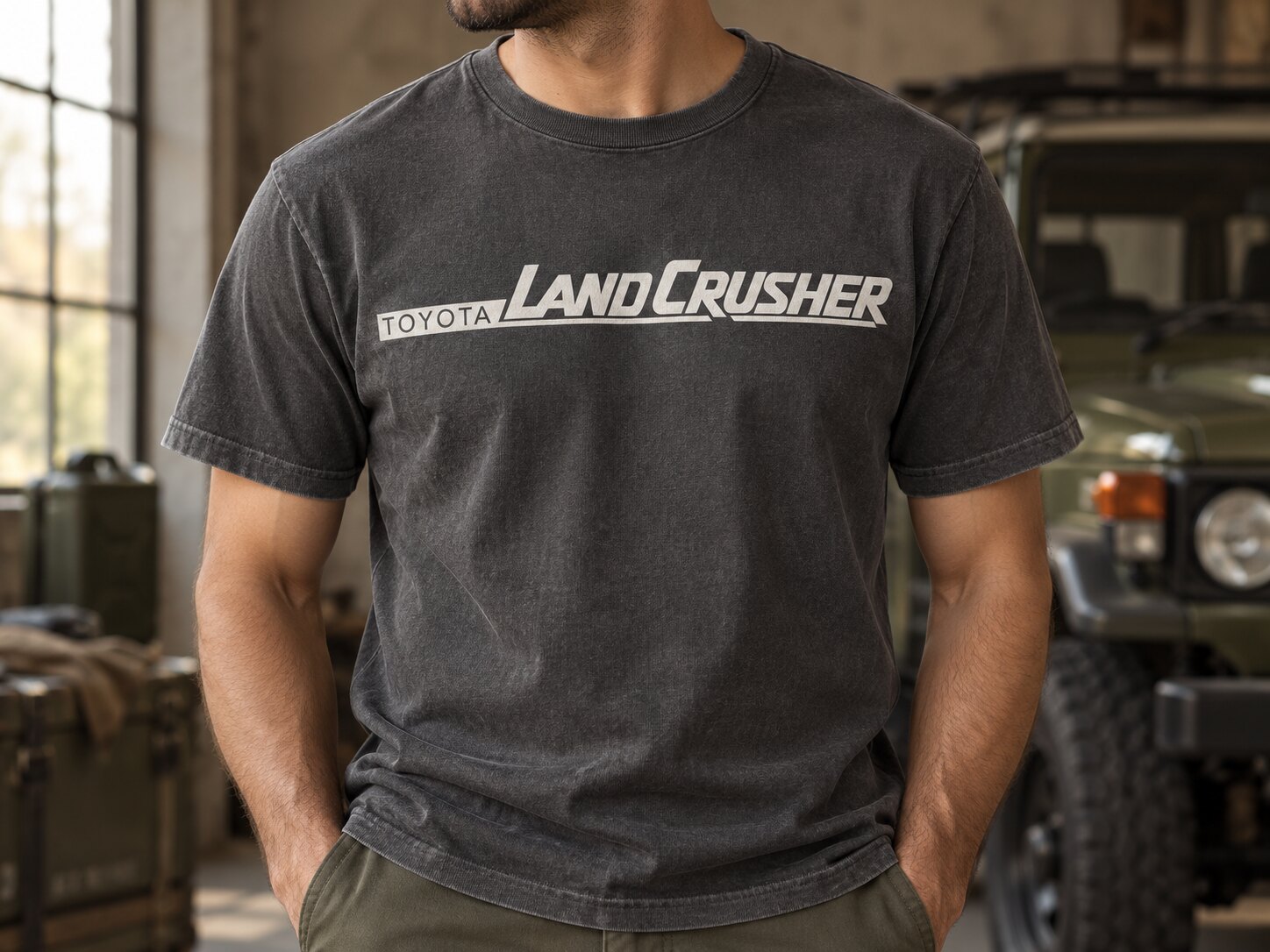 Photorealistic charcoal Land Crusher shirt worn in a workshop