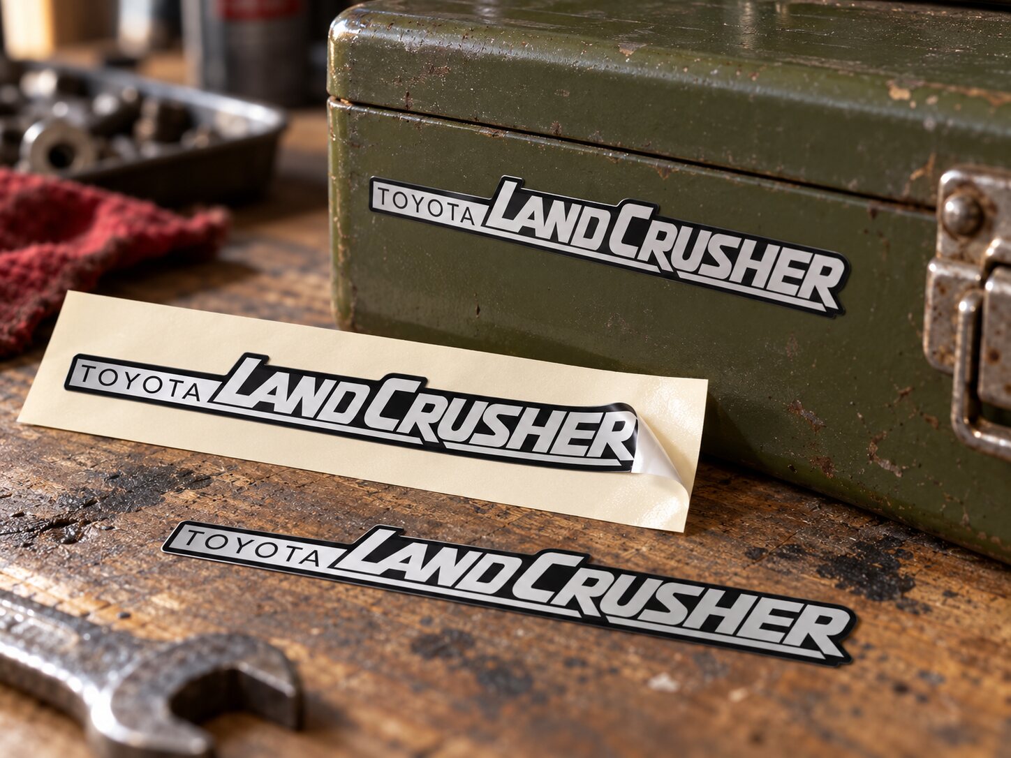 Land Crusher die-cut vinyl stickers on an olive toolbox and garage workbench