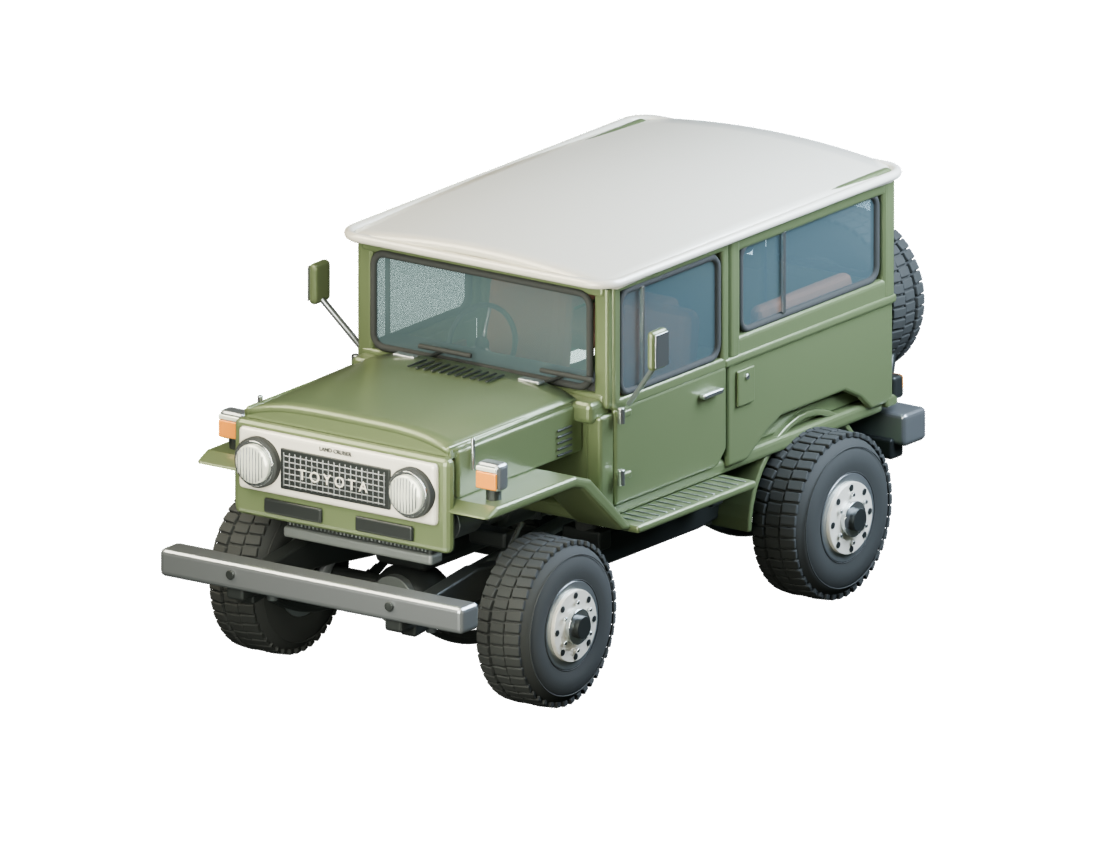 Olive Toyota Land Cruiser FJ40 with ivory roof, shown from the front quarter.